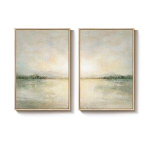 Framed Sage Green Abstract Landscape Wall Art for Living Room, Neutral lake scenic