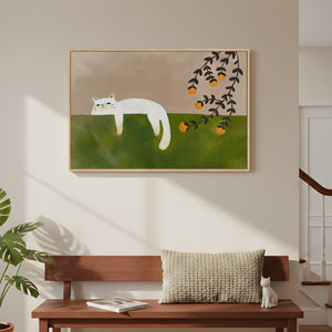 Large Framed Cozy Cat Neutral Green Canvas Wall Art Bedroom