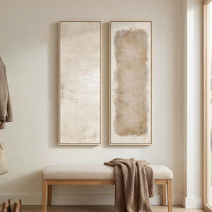 Large Framed Beige Cream Abstract Vertical Wall Art for Hallway, 2 Piece