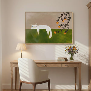 Large Framed Cozy Cat Neutral Green Canvas Wall Art Bedroom