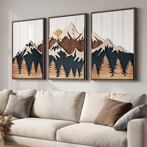 Large Framed 3D Wood Mountain Wall Art Decor for Living Room, Bedroom, Office Set of 3