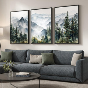 Large Framed Landscape Foggy Scenery Wall Art Mountain Print for Living Room Set of 3
