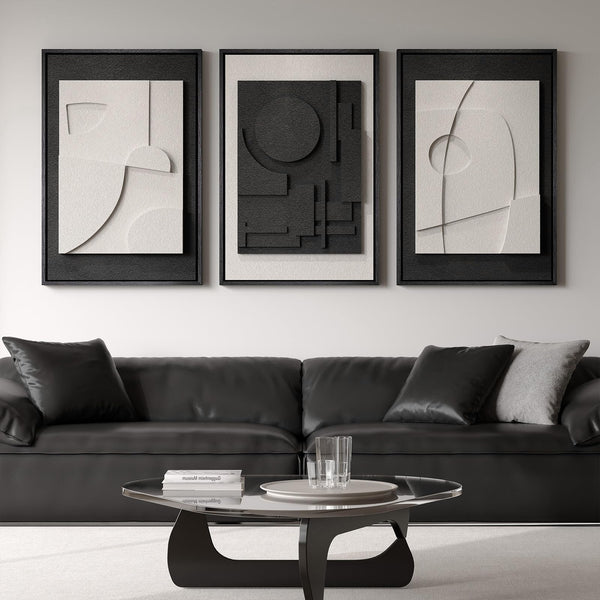 Large 3D Textured Framed Black and White Abstract Wall Art for Living Room, 3 Piece Modern Artwork for Walls, Minimalist Black White Texture Paintings for Hallway Office Wall Decor 24x36 In