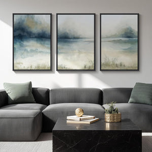 Large Framed Blue Nature Landscape Wall Art for Living Room Set of 3
