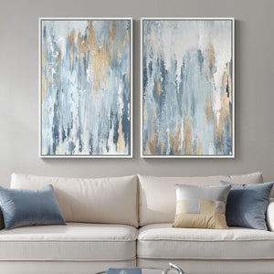 Large White Framed Blue and Gold Abstract Wall Art Modern Minimalist Artwork for Living Room Set of 2