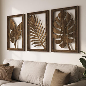 Framed Boho Cutout Carved Wood Wall Art Wooden Bohemian Botanical Decor for Living Room Set of 3