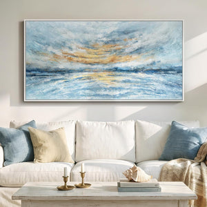 Large Framed Coastal Abstract Wall Art Blue and Gold Canvas Prints for Living Room