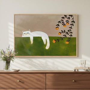 Large Framed Cozy Cat Neutral Green Canvas Wall Art Bedroom