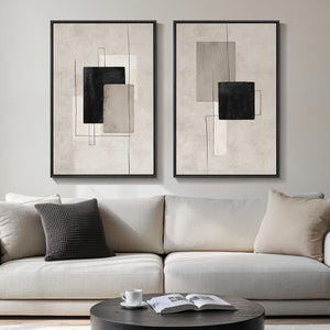 Large Framed Neutral Black Beige Abstract Wall Art Decor Set of 2