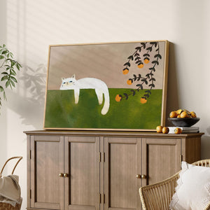 Large Framed Cozy Cat Neutral Green Canvas Wall Art Bedroom