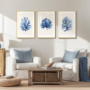 Framed Coastal Ocean Blue Coral Large Wall Art for Living Room