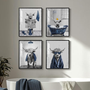 Framed Highland Cow Funny Animal Bathroom Wall Art Set of 4