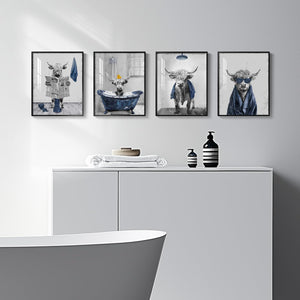 Framed Highland Cow Funny Animal Bathroom Wall Art Set of 4