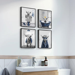 Framed Highland Cow Funny Animal Bathroom Wall Art Set of 4