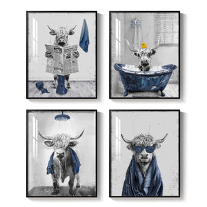 Framed Highland Cow Funny Animal Bathroom Wall Art Set of 4