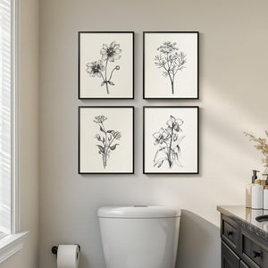 Framed Black and White Minimalist Floral Bathroom Wall Art Set of 4