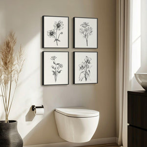 Framed Black and White Minimalist Floral Bathroom Wall Art Set of 4