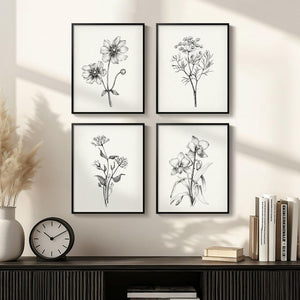 Framed Black and White Minimalist Floral Bathroom Wall Art Set of 4