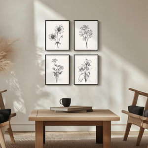 Framed Black and White Minimalist Floral Bathroom Wall Art Set of 4