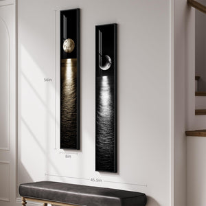 Framed Vertical Black White Gold Moon Landscape Wall Art Decor Set of 2