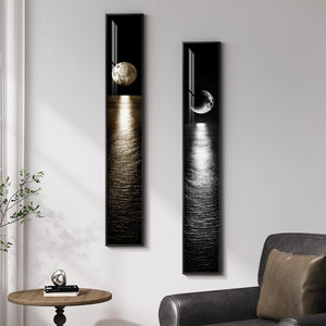 Framed Vertical Black White Gold Moon Landscape Wall Art Decor Set of 2