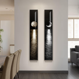 Framed Vertical Black White Gold Moon Landscape Wall Art Decor Set of 2