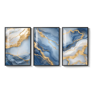 Large Framed Elegant Blue Gold White Modern Luxury Abstract Wall Art for Living Room Set of 3
