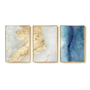 Large Framed Luxury Elegant Modern Blue Gold Abstract Wall Art for Living Room Set of 3
