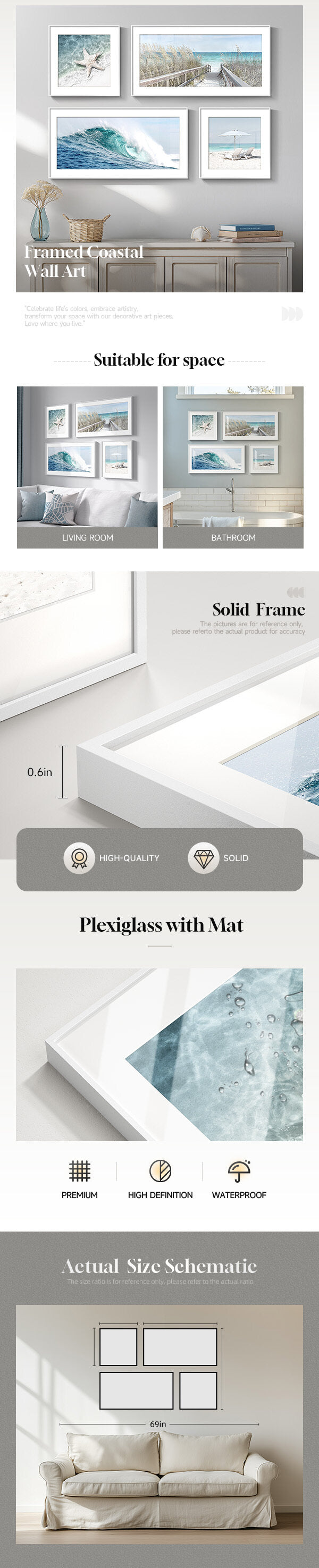 Framed Coastal Wall Art for Living Room, 4 Piece Beach Surf Ocean Artwork - mobile detail 1