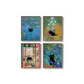 Framed Cat Bathroom Wall Art 4 Piece Funny Cute Black Cat in Water Lilies Canvas Prints Artwork