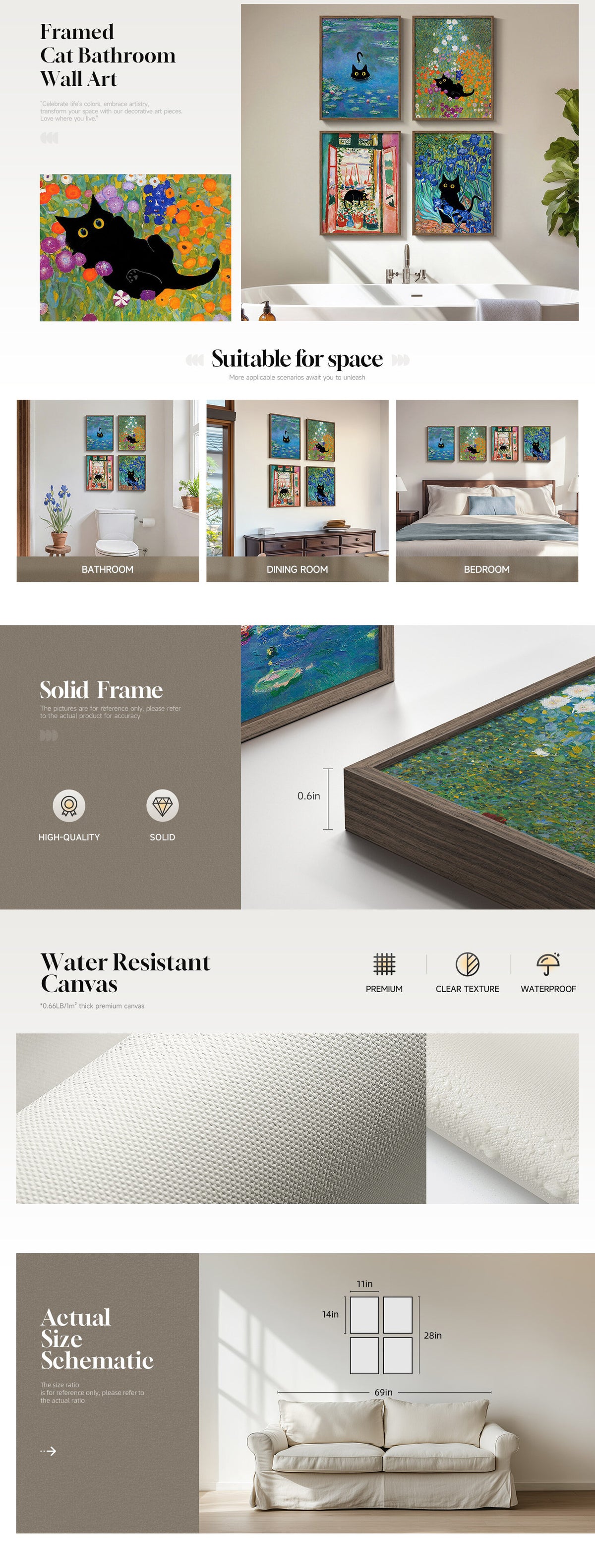 Framed Cat Bathroom Wall Art 4 Piece Funny Cute Black Cat in Water Lilies Canvas Prints Artwork - detail 1