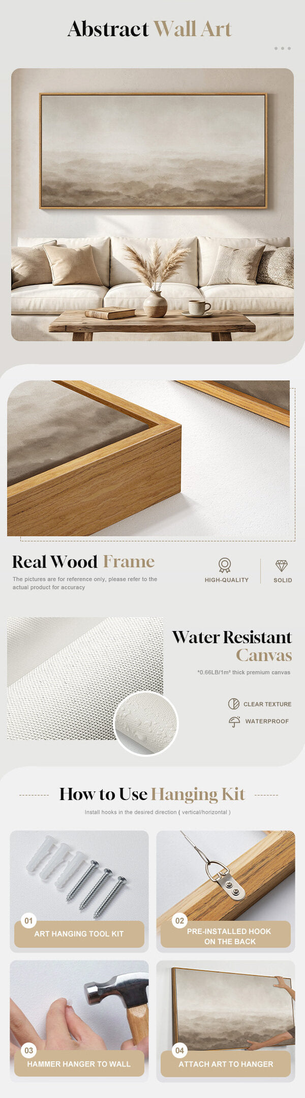 Large Framed Rustic Landscape Neutral Beige Brown Abstract Minimalist Wall Art for Living Room - mobile detail 1
