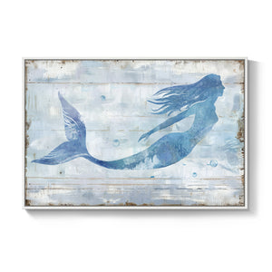 Large Framed Rustic Blue and White Coastal Ocean Mermaid Canvas Wall Art Decor for Living Room