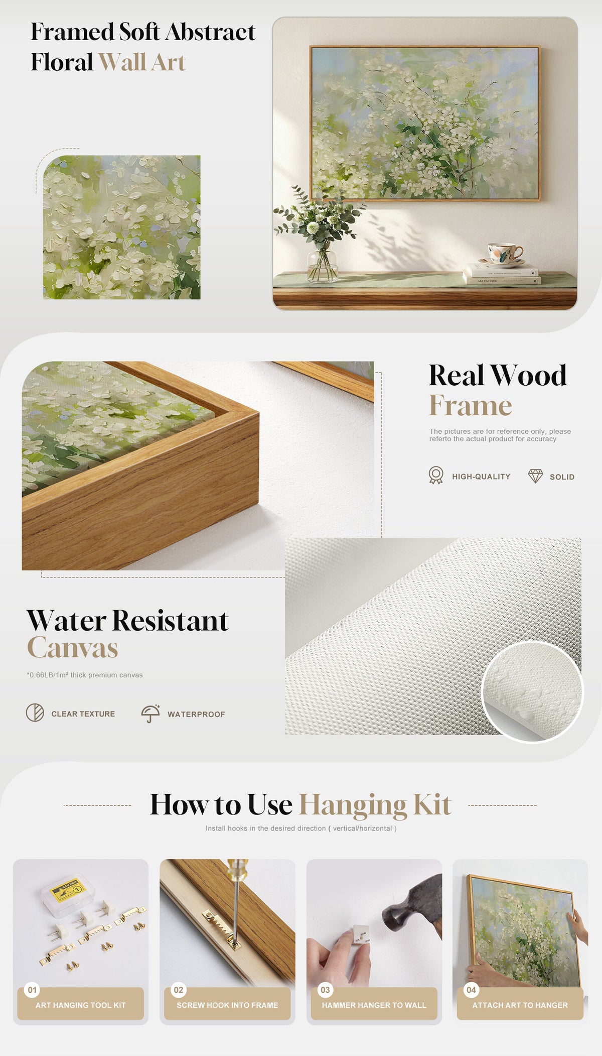 Framed Sage Green Floral Botanical Wall Art Abstract Greenery Canvas Prints for Living Room - detail 1