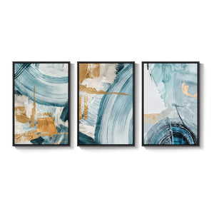 Large Framed Blue and Gold Abstract Modern Minimalist Elegant Wall Art for Living Room Set of 3