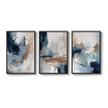 Large Framed Blue Neutral Abstract Modern Minimalist Wall Art for Living Room Set of 3