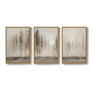 Large Teak Framed Modern Neutral Abstract Farmhouse Forest Landscape Wall Art for Living Room Set of 3