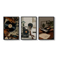Framed African American Black Woman Record Music Modern Wall Art for Hallway Set of 3