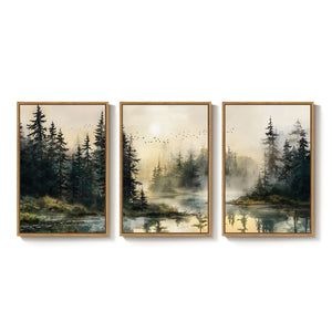 Large Framed Rustic Vintage Forest Landscape 3 Piece Wall Art for Living Room Set of 3