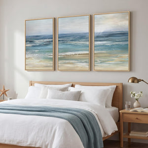 Large Framed Modern Blue Coastal Ocean Beach Landscape Wall Art for Living Room Set of 3