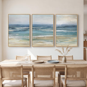 Large Framed Modern Blue Coastal Ocean Beach Landscape Wall Art for Living Room Set of 3