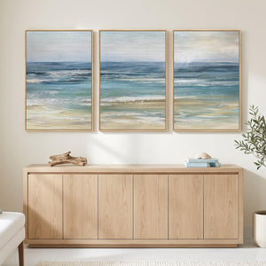 Large Framed Modern Blue Coastal Ocean Beach Landscape Wall Art for Living Room Set of 3