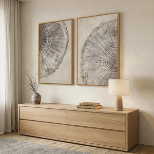 Large Framed Modern Farmhouse Neutral Wabi Sabi Tree Rings Wall Art for Living Room Set of 2