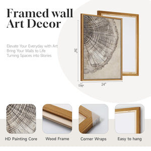 Large Framed Modern Farmhouse Neutral Wabi Sabi Tree Rings Wall Art for Living Room Set of 2