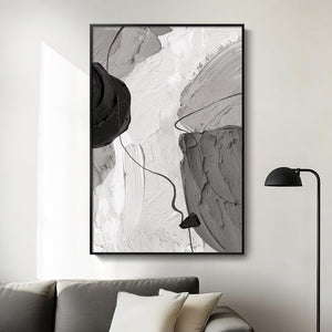 Large Framed Black and White Gray Modern Minimalist Abstract Wall Art for Living Room
