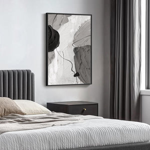 Large Framed Black and White Gray Modern Minimalist Abstract Wall Art for Living Room