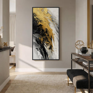 Large Framed Black White and Gold Abstract Contemporary Vertical Wall Art for Hallway