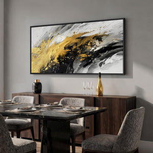 Large Framed Black White and Gold Abstract Contemporary Vertical Wall Art for Hallway
