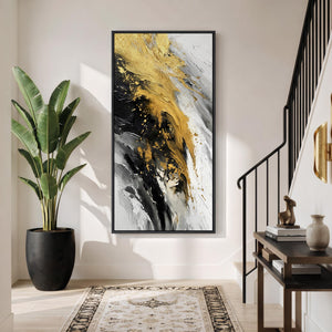 Large Framed Black White and Gold Abstract Contemporary Vertical Wall Art for Hallway
