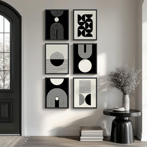 Framed Modern Abstract Black and White Boho Geometric Wall Art for Living Room Set of 6